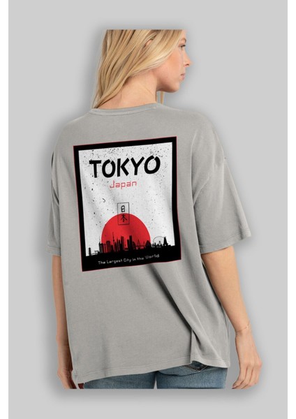 Tokyo Japan Yazılı Arka Baskılı Gri Oversize T-Shirt Unisex Erkek Kadın Bisiklet Yaka modelleri