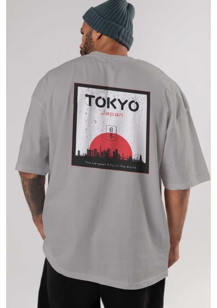 Tokyo Japan Yazılı Arka Baskılı Gri Oversize T-Shirt Unisex Erkek Kadın Bisiklet Yaka indirimleri