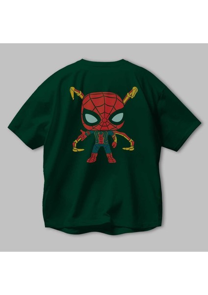 Spiderman (17) Arka Baskılı Zümrüt Yeşili Oversize T-Shirt Bisiklet Yaka Erkek Kadın modelleri