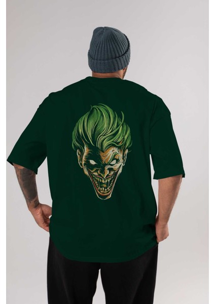 Joker (3) Arka Baskılı Zümrüt Yeşili Oversize T-Shirt Bisiklet Yaka Erkek Kadın
