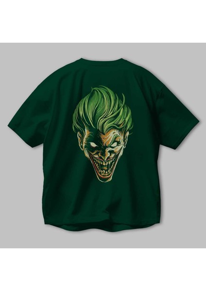 Joker (3) Arka Baskılı Zümrüt Yeşili Oversize T-Shirt Bisiklet Yaka Erkek Kadın modelleri