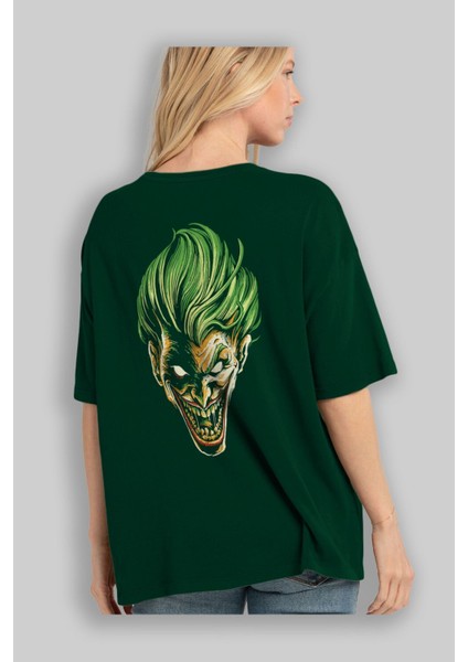 Joker (3) Arka Baskılı Zümrüt Yeşili Oversize T-Shirt Bisiklet Yaka Erkek Kadın fırsatları