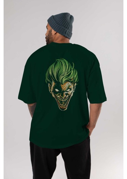 Joker (3) Arka Baskılı Zümrüt Yeşili Oversize T-Shirt Bisiklet Yaka Erkek Kadın indirimleri