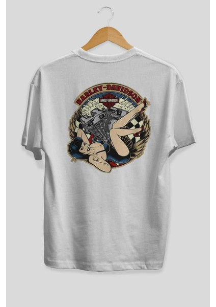 Harley Davidson Arka Baskılı Beyaz Oversize T-Shirt Bisiklet Yaka Pamuk Erkek Kadın fiyatları
