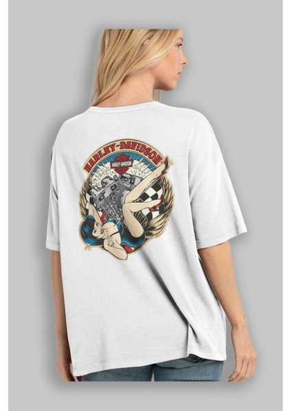 Harley Davidson Arka Baskılı Beyaz Oversize T-Shirt Bisiklet Yaka Pamuk Erkek Kadın modelleri