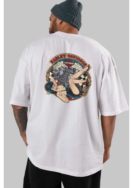 Harley Davidson Arka Baskılı Beyaz Oversize T-Shirt Bisiklet Yaka Pamuk Erkek Kadın indirimleri