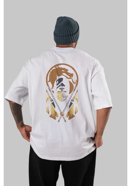 Mortal Kombat Arka Baskılı Beyaz Oversize T-Shirt Bisiklet Yaka Pamuk Erkek Kadın