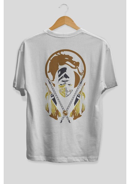 Mortal Kombat Arka Baskılı Beyaz Oversize T-Shirt Bisiklet Yaka Pamuk Erkek Kadın fiyatları