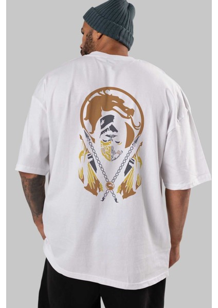 Mortal Kombat Arka Baskılı Beyaz Oversize T-Shirt Bisiklet Yaka Pamuk Erkek Kadın indirimleri