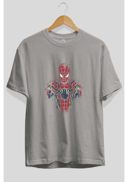 Spiderman (9) Ön Baskılı Gri Oversize T-Shirt Bisiklet Yaka Pamuk Erkek Kadın fiyatları
