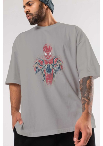 Spiderman (9) Ön Baskılı Gri Oversize T-Shirt Bisiklet Yaka Pamuk Erkek Kadın modelleri