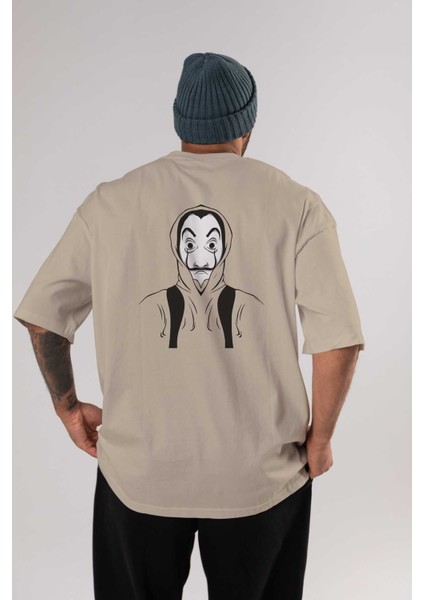 La Casa De Papel (7) Arka Baskılı Bej Oversize T-Shirt Bisiklet Yaka Pamuk Erkek Kadın