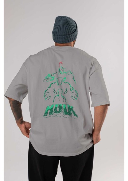Hulk (11) Arka Baskılı Gri Oversize T-Shirt Bisiklet Yaka Pamuk Erkek Kadın