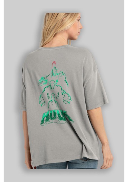 Hulk (11) Arka Baskılı Gri Oversize T-Shirt Bisiklet Yaka Pamuk Erkek Kadın modelleri