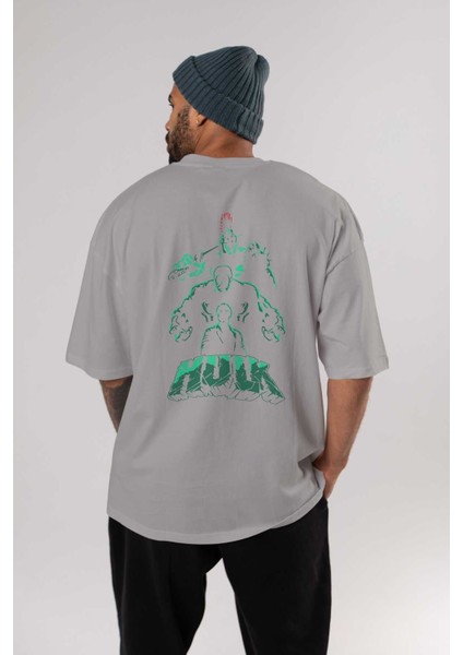 Hulk (11) Arka Baskılı Gri Oversize T-Shirt Bisiklet Yaka Pamuk Erkek Kadın fırsatları