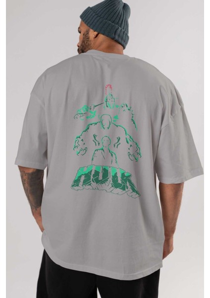Hulk (11) Arka Baskılı Gri Oversize T-Shirt Bisiklet Yaka Pamuk Erkek Kadın indirimleri