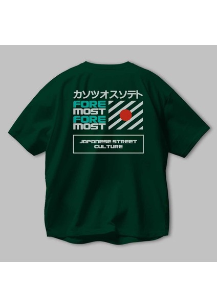 Foremost Japanese Arka Baskılı Zümrüt Yeşili Oversize T-Shirt Unisex Erkek Kadın Bisiklet Yaka modelleri