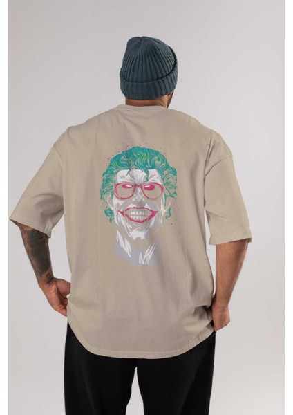 Joker 1 Arka Baskılı Bej Oversize T-Shirt Bisiklet Yaka Pamuk Erkek Kadın