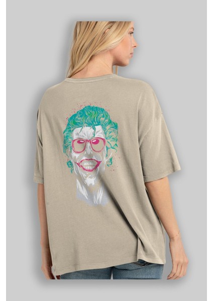 Joker 1 Arka Baskılı Bej Oversize T-Shirt Bisiklet Yaka Pamuk Erkek Kadın modelleri