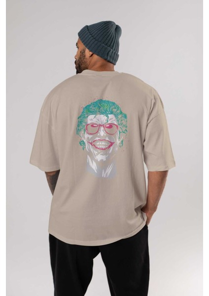 Joker 1 Arka Baskılı Bej Oversize T-Shirt Bisiklet Yaka Pamuk Erkek Kadın fırsatları