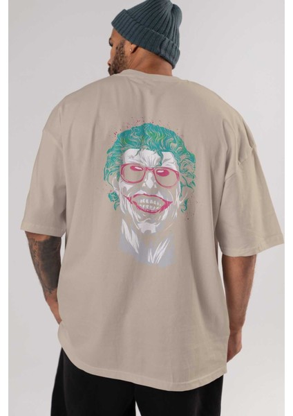 Joker 1 Arka Baskılı Bej Oversize T-Shirt Bisiklet Yaka Pamuk Erkek Kadın indirimleri
