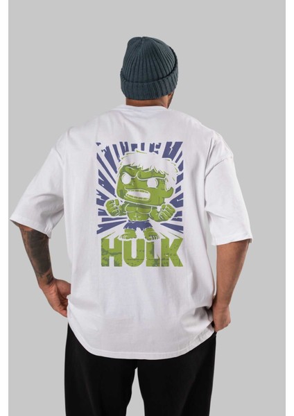 Hulk (2) Arka Baskılı Beyaz Oversize T-Shirt Bisiklet Yaka Pamuk Erkek Kadın