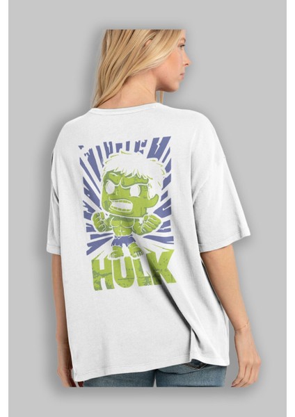 Hulk (2) Arka Baskılı Beyaz Oversize T-Shirt Bisiklet Yaka Pamuk Erkek Kadın modelleri