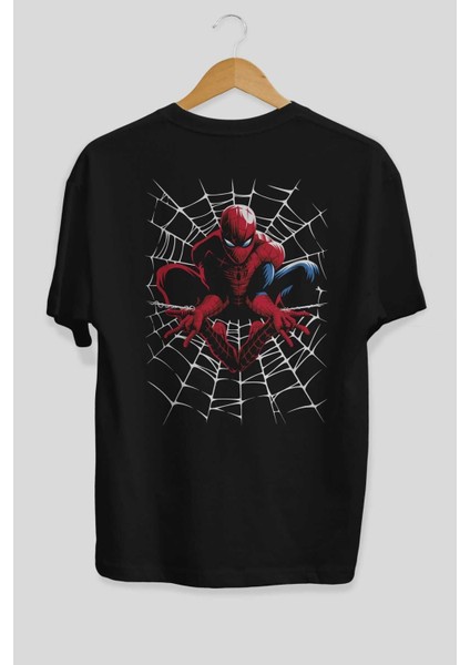Spiderman (27) Arka Baskılı Siyah Oversize T-Shirt Bisiklet Yaka Pamuk Erkek Kadın fiyatları