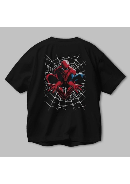 Spiderman (27) Arka Baskılı Siyah Oversize T-Shirt Bisiklet Yaka Pamuk Erkek Kadın modelleri