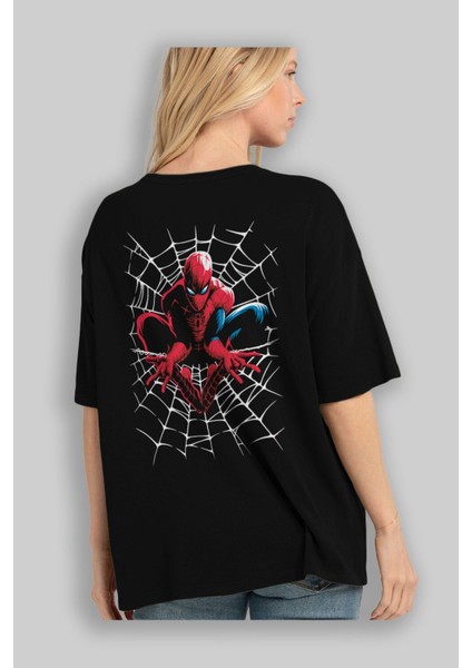Spiderman (27) Arka Baskılı Siyah Oversize T-Shirt Bisiklet Yaka Pamuk Erkek Kadın fırsatları