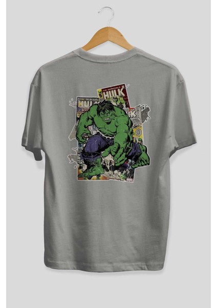 Hulk Arka Baskılı Gri Oversize T-Shirt Bisiklet Yaka Pamuk Erkek Kadın fiyatları
