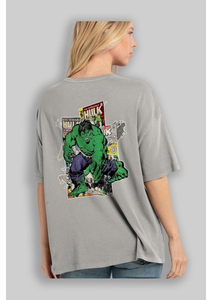 Hulk Arka Baskılı Gri Oversize T-Shirt Bisiklet Yaka Pamuk Erkek Kadın modelleri