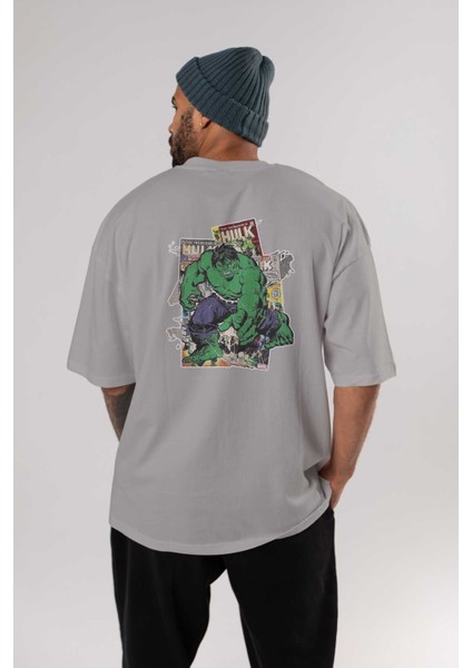 Hulk Arka Baskılı Gri Oversize T-Shirt Bisiklet Yaka Pamuk Erkek Kadın fırsatları
