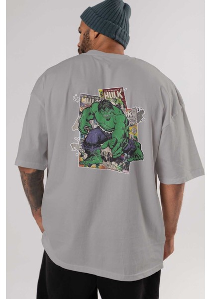 Hulk Arka Baskılı Gri Oversize T-Shirt Bisiklet Yaka Pamuk Erkek Kadın indirimleri