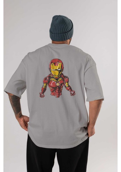 Iron Man Arka Baskılı Gri Oversize T-Shirt Bisiklet Yaka Pamuk Erkek Kadın