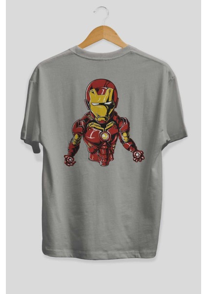 Iron Man Arka Baskılı Gri Oversize T-Shirt Bisiklet Yaka Pamuk Erkek Kadın