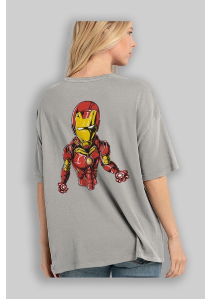 Iron Man Arka Baskılı Gri Oversize T-Shirt Bisiklet Yaka Pamuk Erkek Kadın