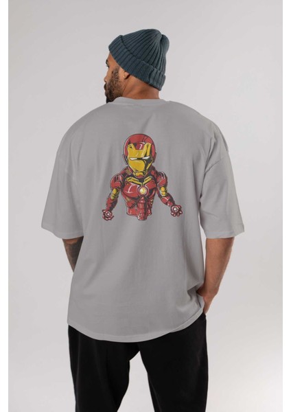 Iron Man Arka Baskılı Gri Oversize T-Shirt Bisiklet Yaka Pamuk Erkek Kadın
