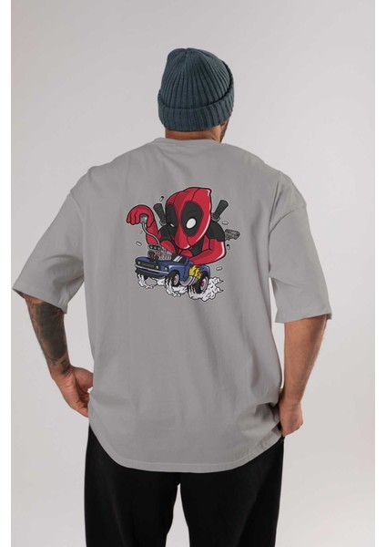 Deadpool (21) Arka Baskılı Gri Oversize T-Shirt Bisiklet Yaka Pamuk Erkek Kadın