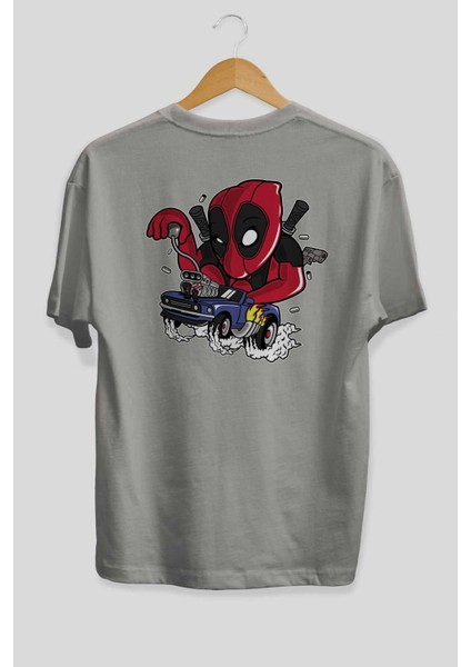 Deadpool (21) Arka Baskılı Gri Oversize T-Shirt Bisiklet Yaka Pamuk Erkek Kadın fiyatları