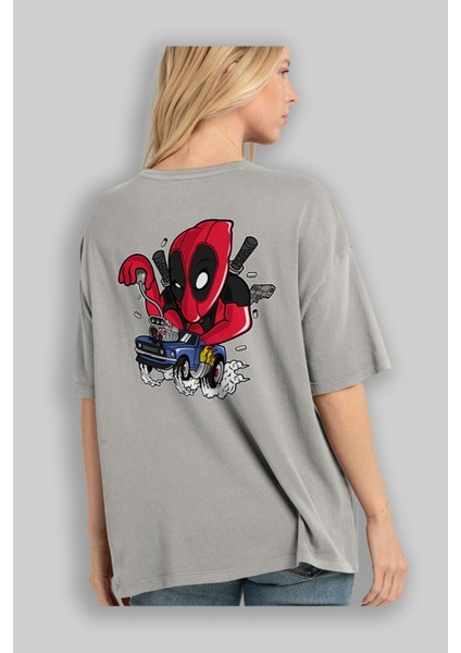 Deadpool (21) Arka Baskılı Gri Oversize T-Shirt Bisiklet Yaka Pamuk Erkek Kadın modelleri