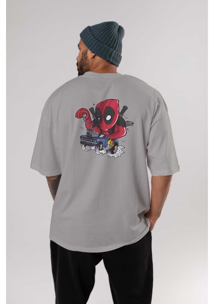 Deadpool (21) Arka Baskılı Gri Oversize T-Shirt Bisiklet Yaka Pamuk Erkek Kadın fırsatları