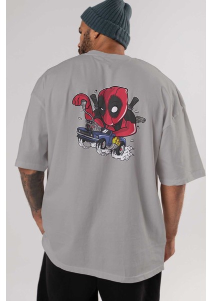 Deadpool (21) Arka Baskılı Gri Oversize T-Shirt Bisiklet Yaka Pamuk Erkek Kadın indirimleri