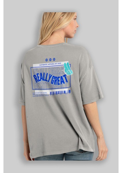 Really Great Yazılı Arka Baskılı Gri Oversize T-Shirt Unisex Erkek Kadın Bisiklet Yaka modelleri