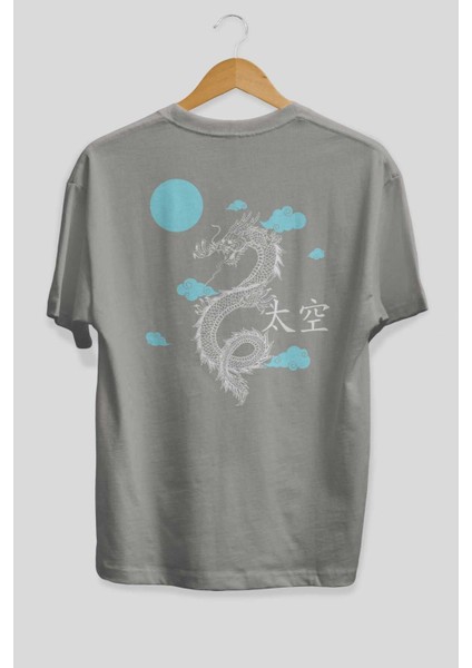 Chinese Dragon Arka Baskılı Gri Oversize T-Shirt Unisex Erkek Kadın Bisiklet Yaka fiyatları
