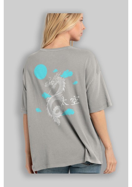 Chinese Dragon Arka Baskılı Gri Oversize T-Shirt Unisex Erkek Kadın Bisiklet Yaka modelleri