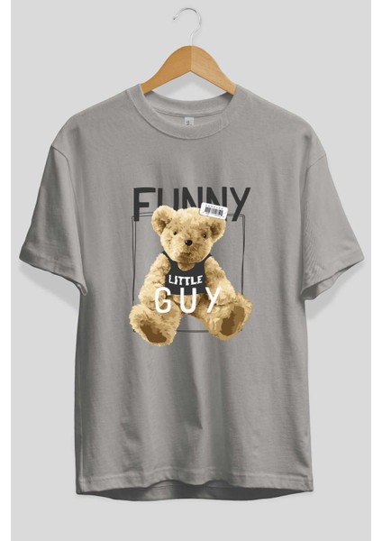 Teddy Bear Funny Ön Baskılı Gri Oversize T-Shirt Unisex Erkek Kadın Bisiklet Yaka fiyatları