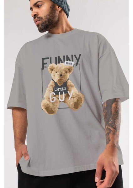 Teddy Bear Funny Ön Baskılı Gri Oversize T-Shirt Unisex Erkek Kadın Bisiklet Yaka modelleri