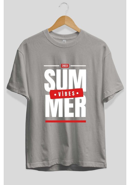 Summer Vibes 2 Ön Baskılı Gri Oversize T-Shirt Unisex Erkek Kadın Bisiklet Yaka