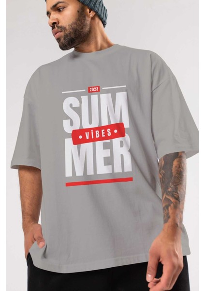 Summer Vibes 2 Ön Baskılı Gri Oversize T-Shirt Unisex Erkek Kadın Bisiklet Yaka